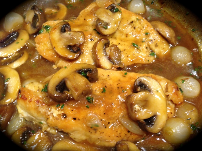 Brandy Chicken with Mushrooms and Pearl Onions