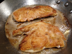 Cook the chicken breasts until golden and done. Be careful not to overcook...