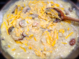 Blend the cheddar cheese with soup mixture until completely melted