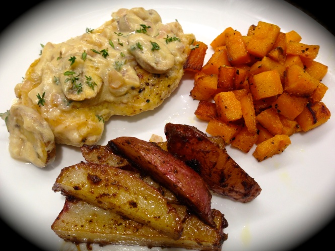Serving Suggestion: Chicken with Roasted Butternut Squash and Balsamic Roasted Potato Wedges