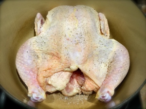 Chicken in a large enameled cast iron pot